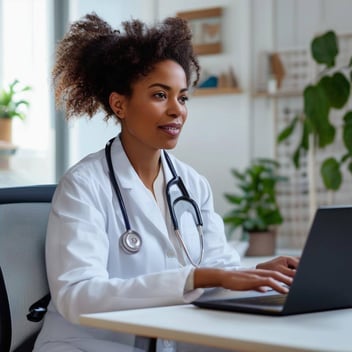 A physician wears a white coat and a stethoscope around her shoulders as she sits in her home office and uses her laptop to video conference with patients in her virtual clinic.