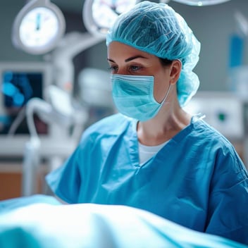 An image of a physician in a surgery setting, wearing a surgical cap, scrubs, and a face mask.