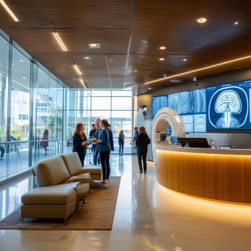 People walk in a medical setting with imaging displayed in the background.