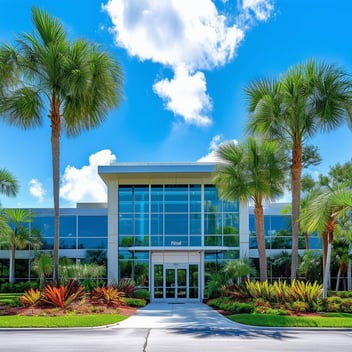 The image depicts a serene Florida landscape, showcasing a bright blue sky dotted with fluffy white clouds. In the foreground, a modern medical office building stands, featuring large glass windows reflecting the sunlight. Lush palm trees sway gently in the warm breeze, framing the entrance adorned with vibrant tropical plants. 