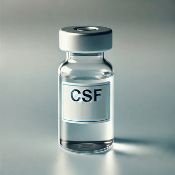 A glass vial of clear fluid bears the abbreviation CSF on the label.